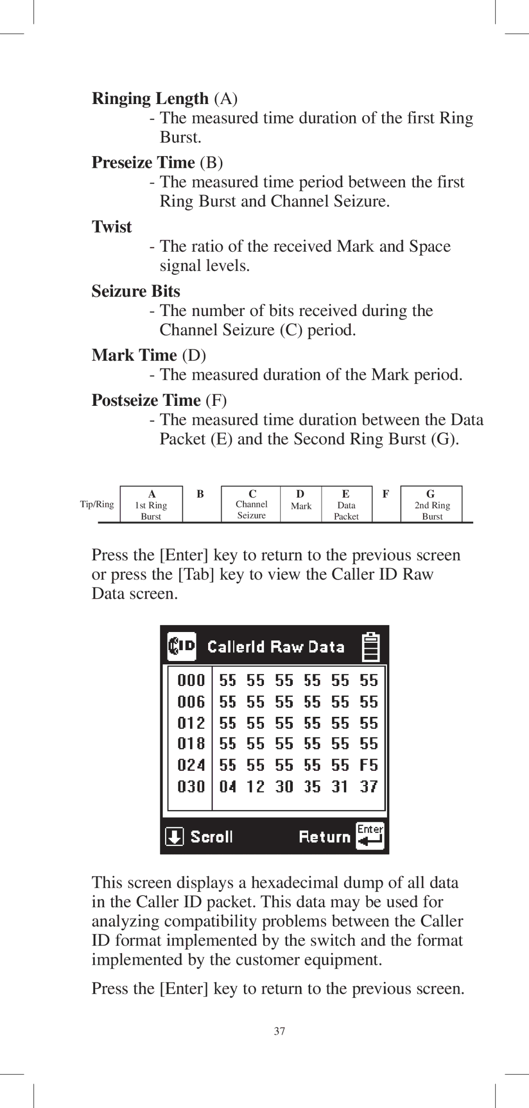 3M 965DPS instruction manual Ringing Length a, Preseize Time B, Twist, Seizure Bits, Mark Time D, Postseize Time F 