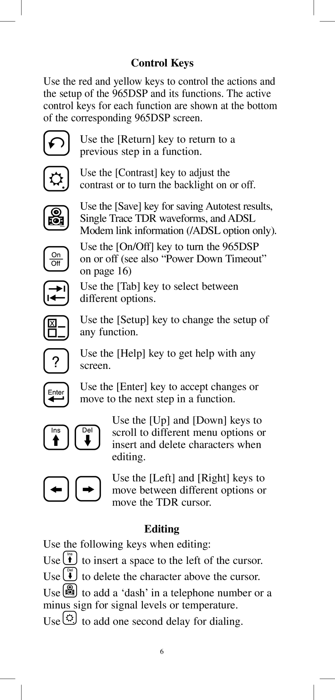 3M 965DPS instruction manual Control Keys, Editing 