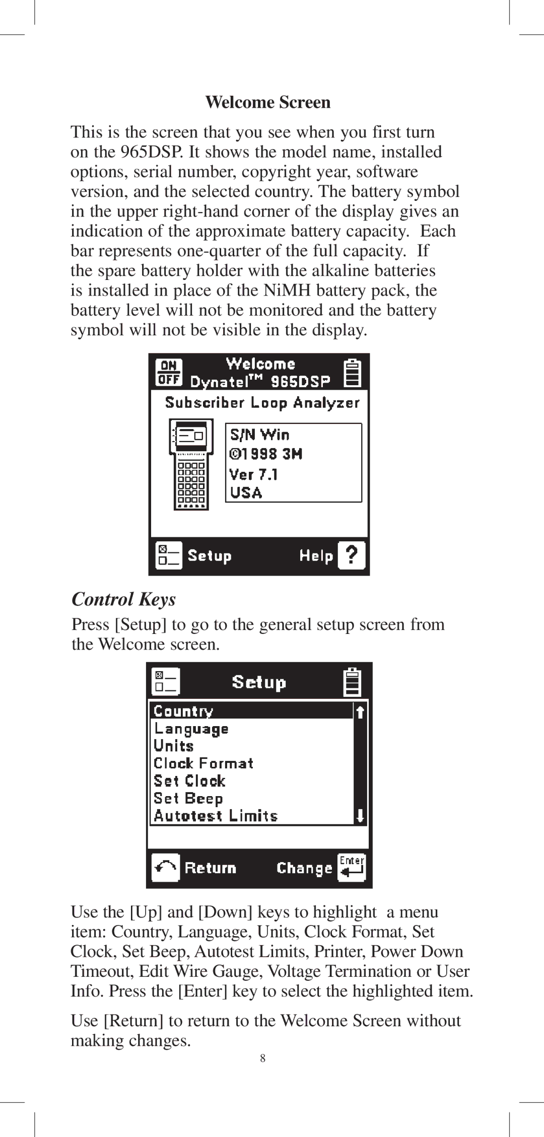 3M 965DPS instruction manual Control Keys, Welcome Screen 