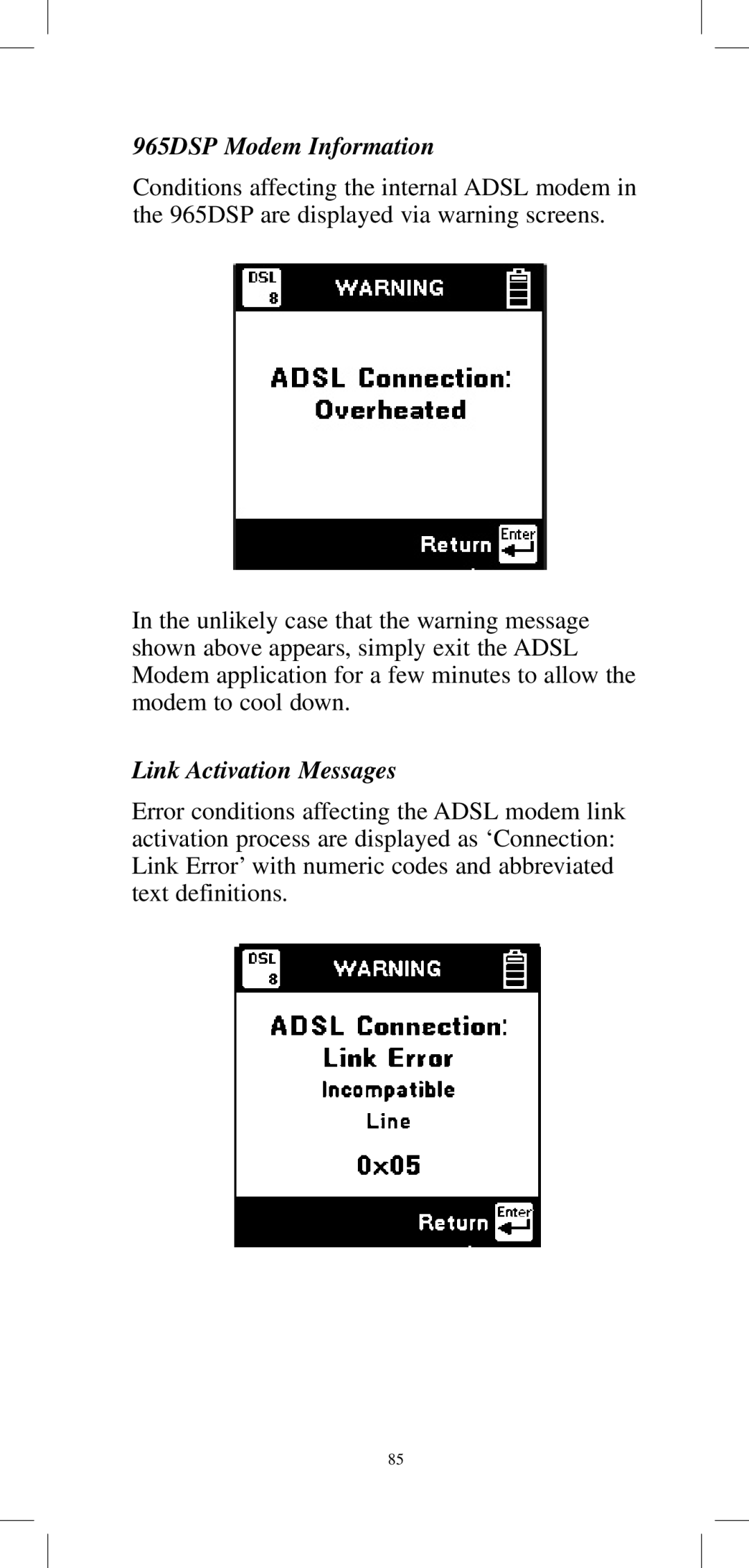 3M 965DPS instruction manual 965DSP Modem Information, Link Activation Messages 