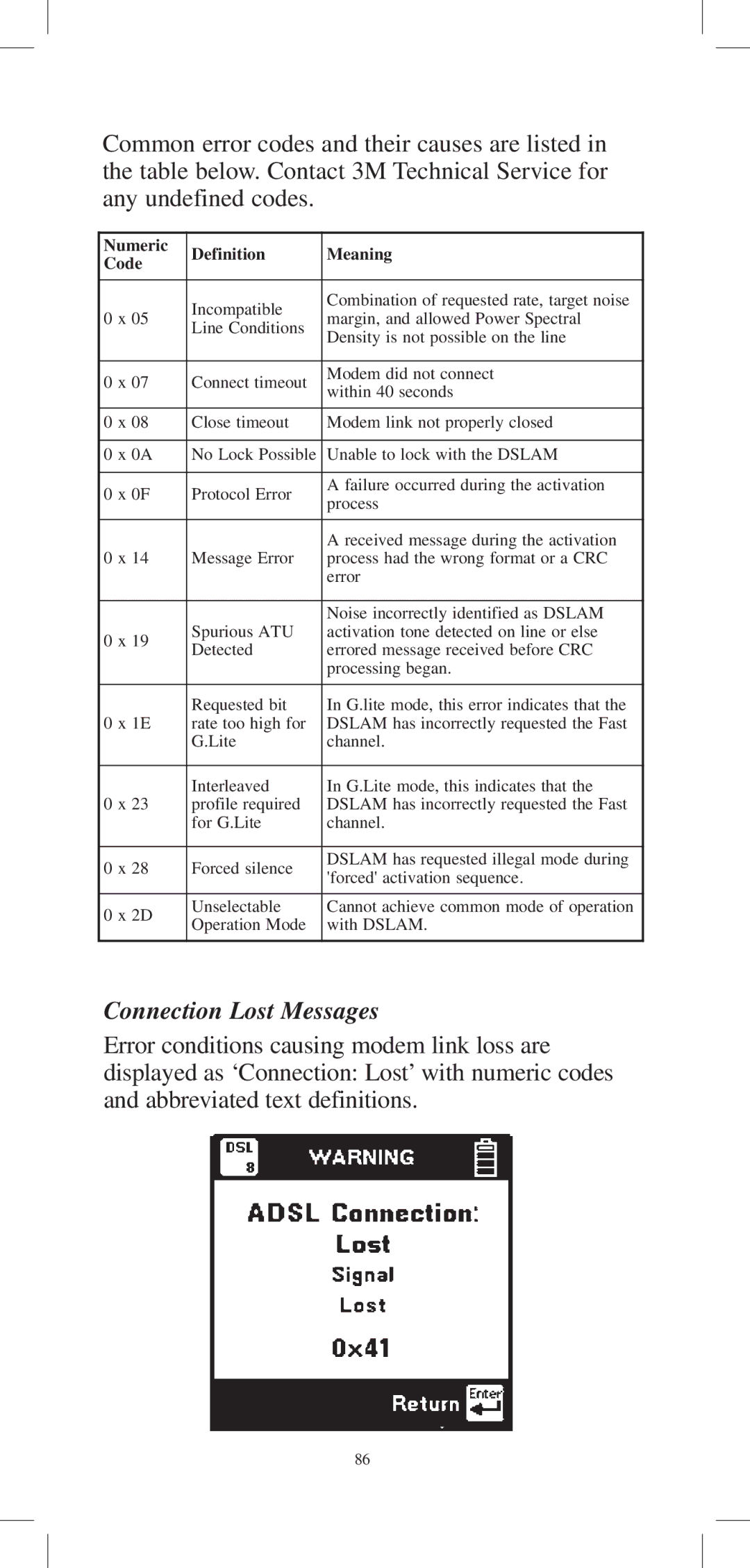 3M 965DPS instruction manual Connection Lost Messages, Numeric Definition Meaning Code 