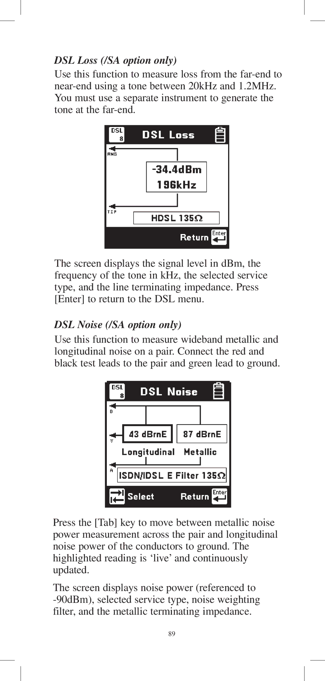 3M 965DPS instruction manual DSL Loss /SA option only, DSL Noise /SA option only 