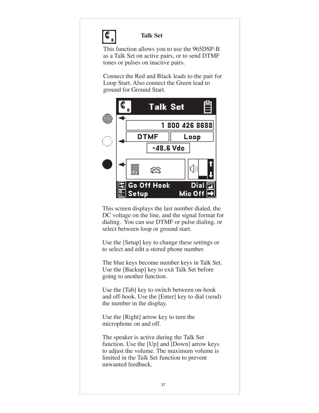 3M 965DSP-B instruction manual Talk Set 