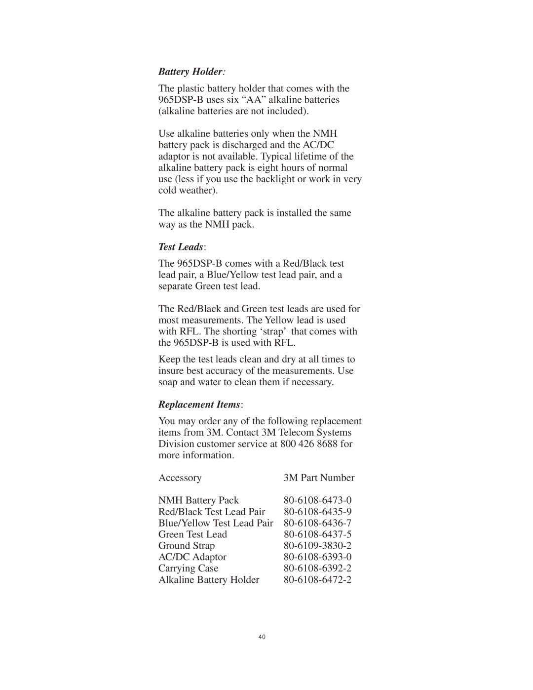 3M 965DSP-B instruction manual Battery Holder, Test Leads, Replacement Items 