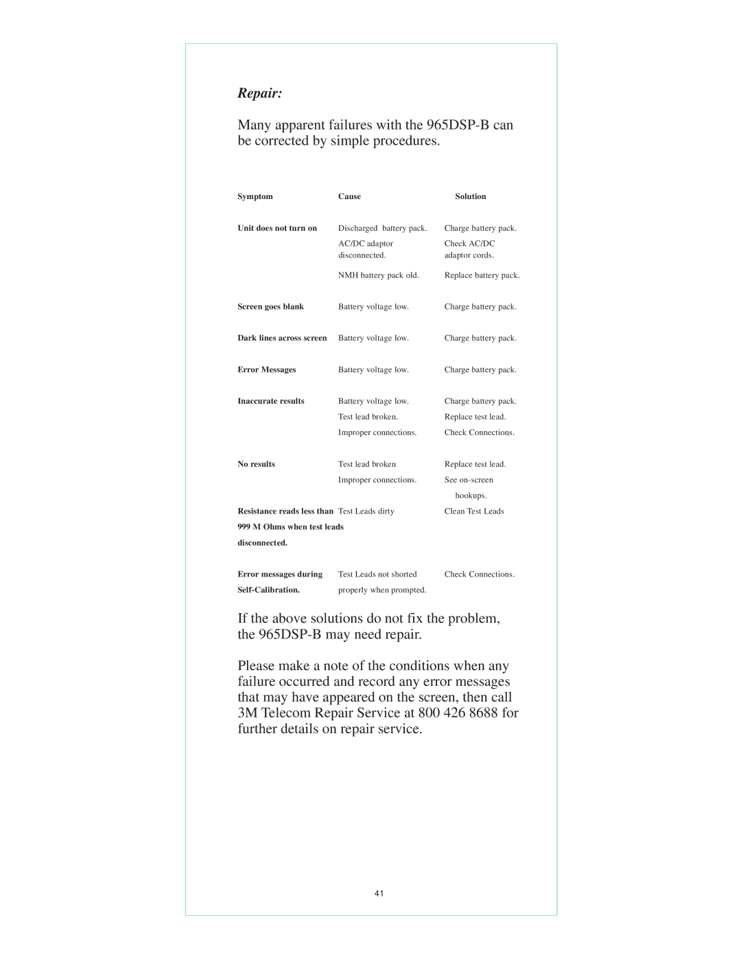 3M 965DSP-B instruction manual Repair, Symptom Cause Solution Unit does not turn on 