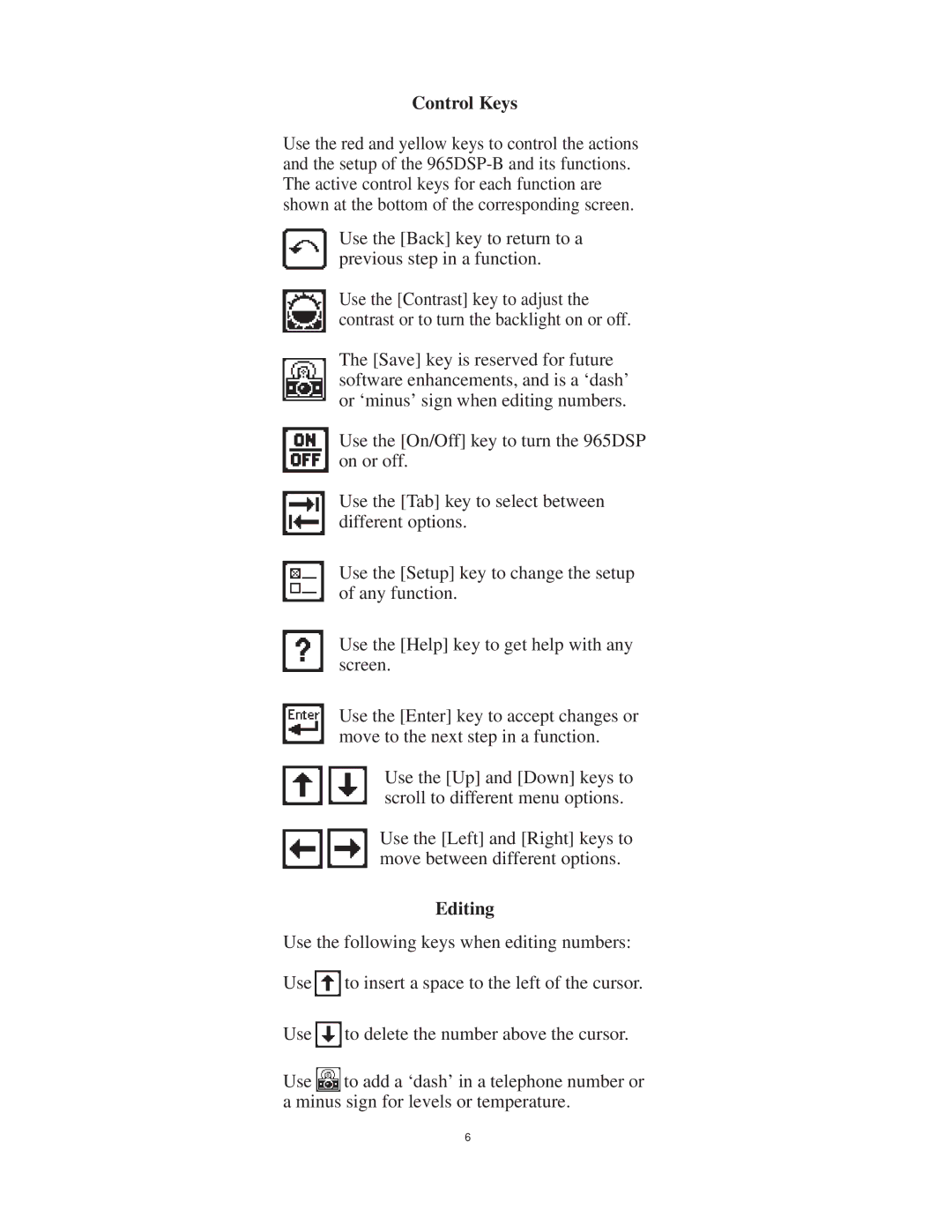 3M 965DSP-B instruction manual Control Keys, Editing 