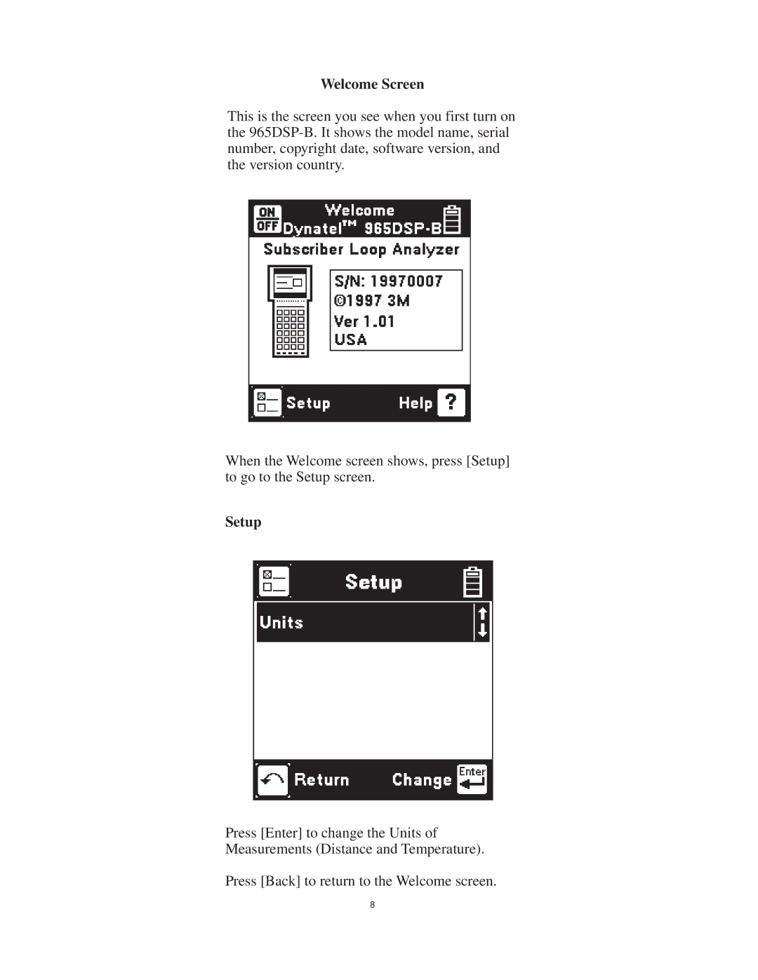 3M 965DSP-B instruction manual Welcome Screen, Setup 