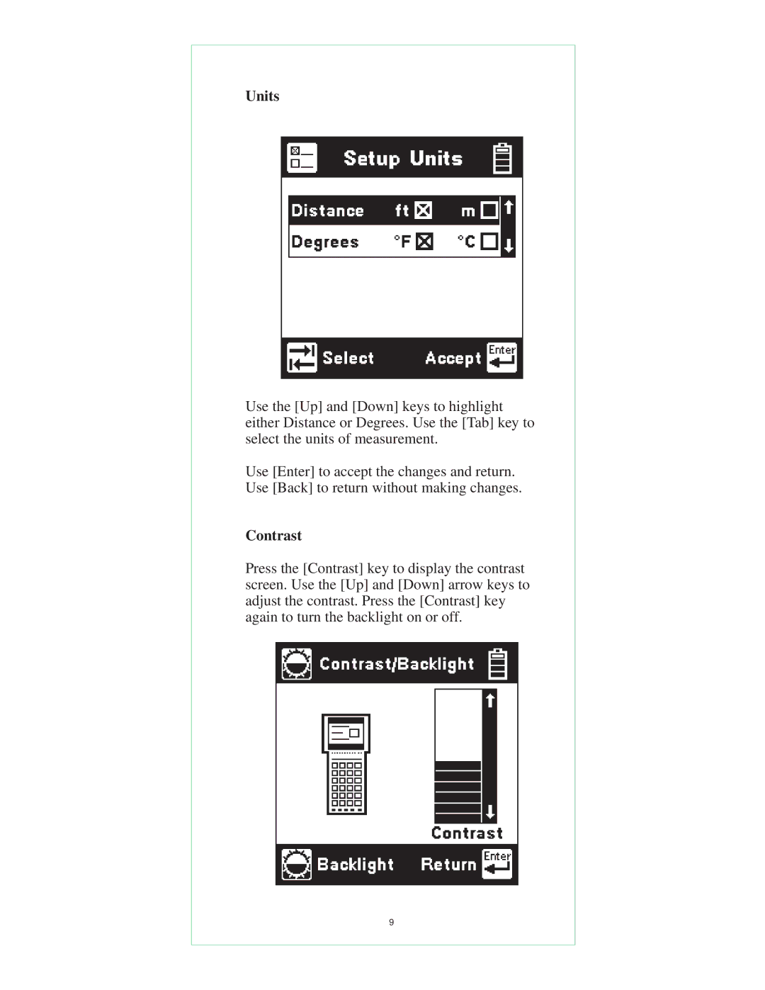 3M 965DSP-B instruction manual Units, Contrast 