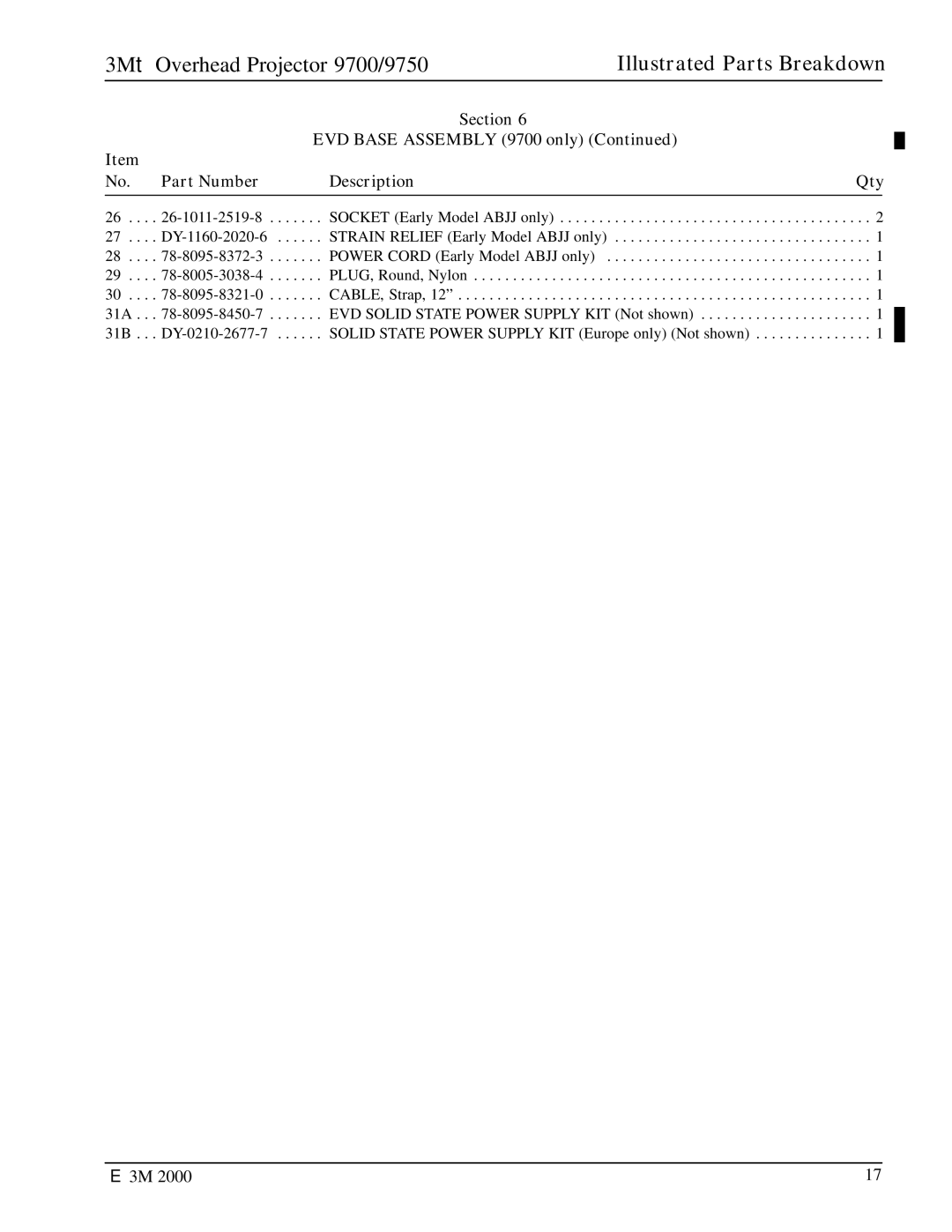 3M 9750 manual Section EVD Base Assembly 9700 only 