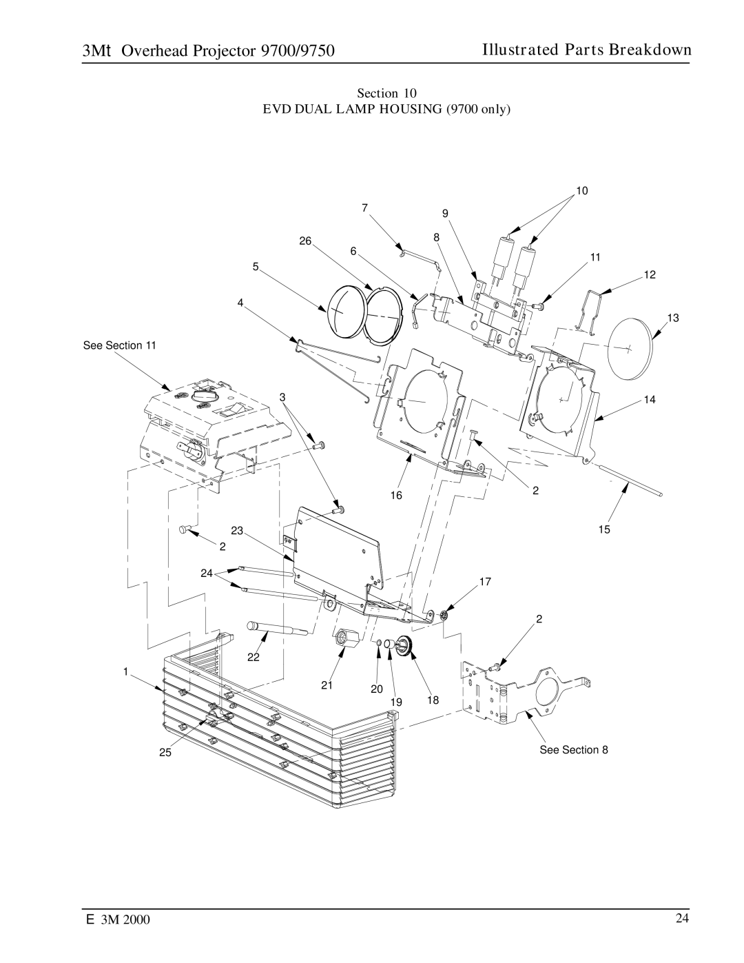 3M 9750 manual Section EVD Dual Lamp Housing 9700 only 