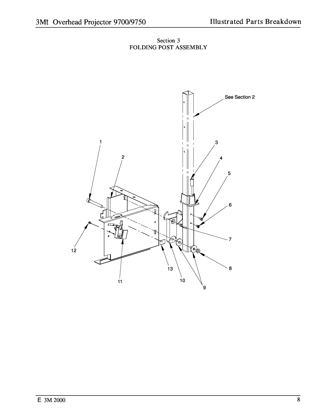 3M manual Section FOLDING POST ASSEMBLY, 3MtOverhead Projector 9700/9750, Illustrated Parts Breakdown 