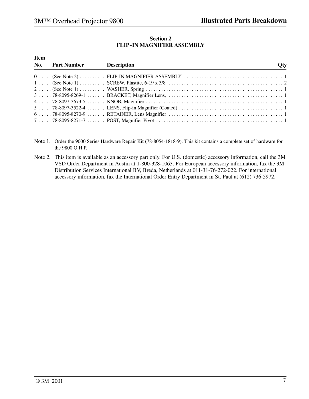 3M 9800 manual 3M Overhead Projector Illustrated Parts Breakdown, No. Part Number Description Qty 