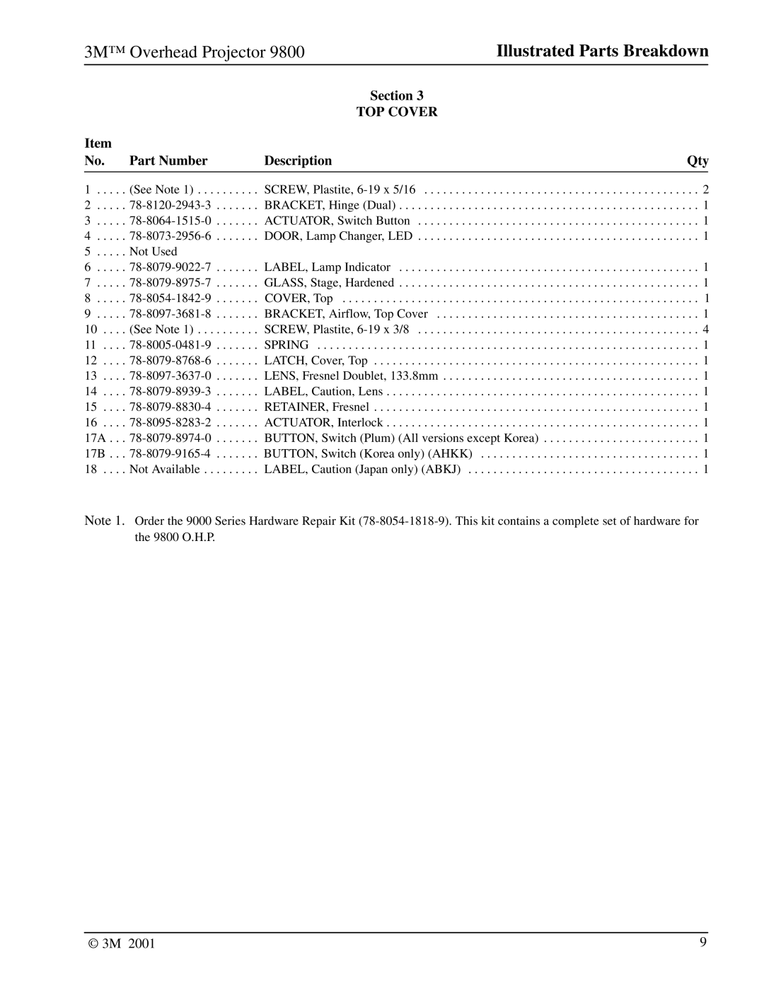 3M 9800 manual Part Number Description, Spring 