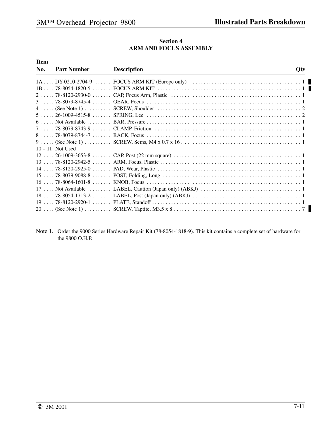 3M 9800 manual Focus ARM KIT 