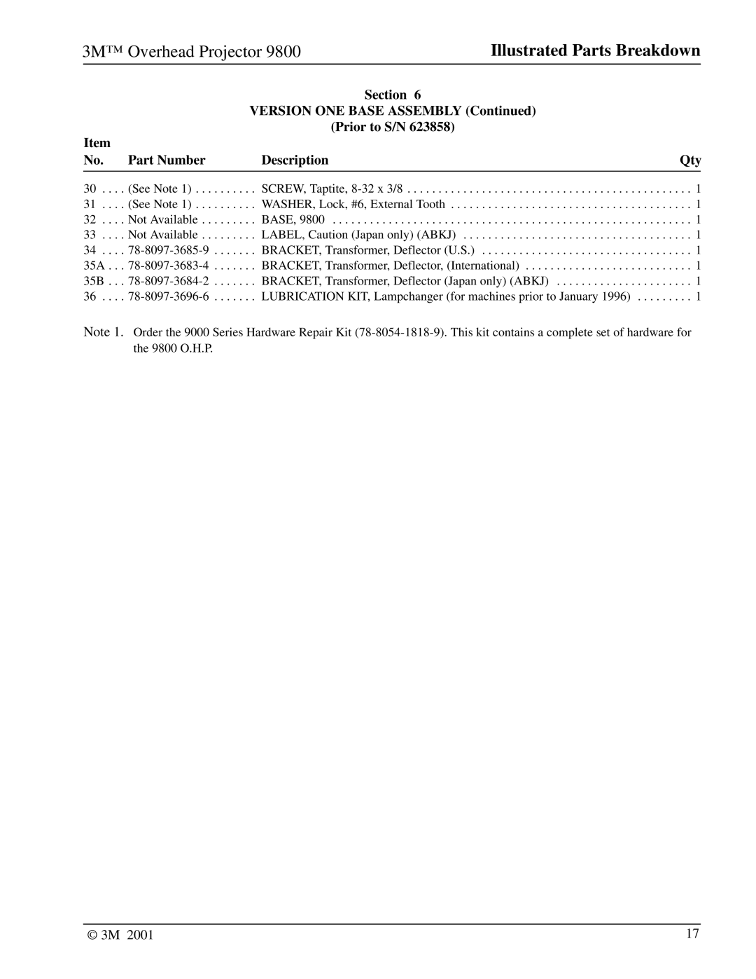 3M 9800 manual Section, No. Part Number Description 