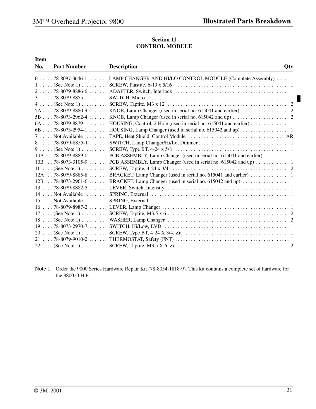 3M 9800 manual Part Number Description 