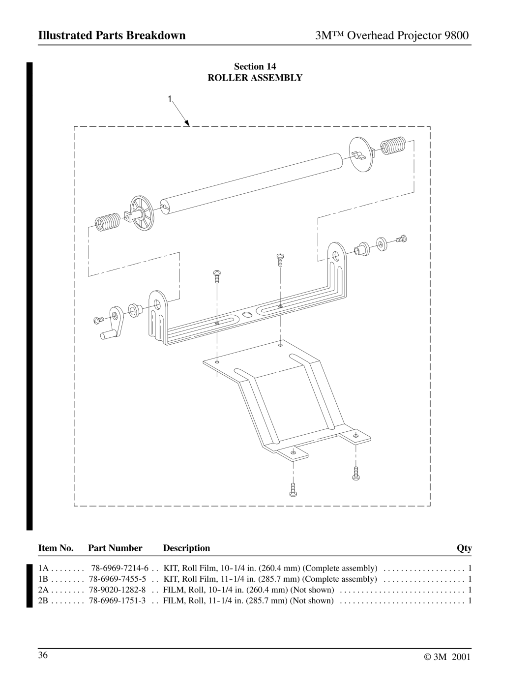 3M 9800 manual Roller Assembly, Item No. Part Number Description Qty 