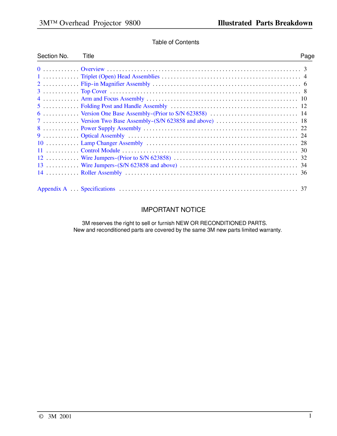 3M 9800 manual Important Notice, Table of Contents Section No Title 