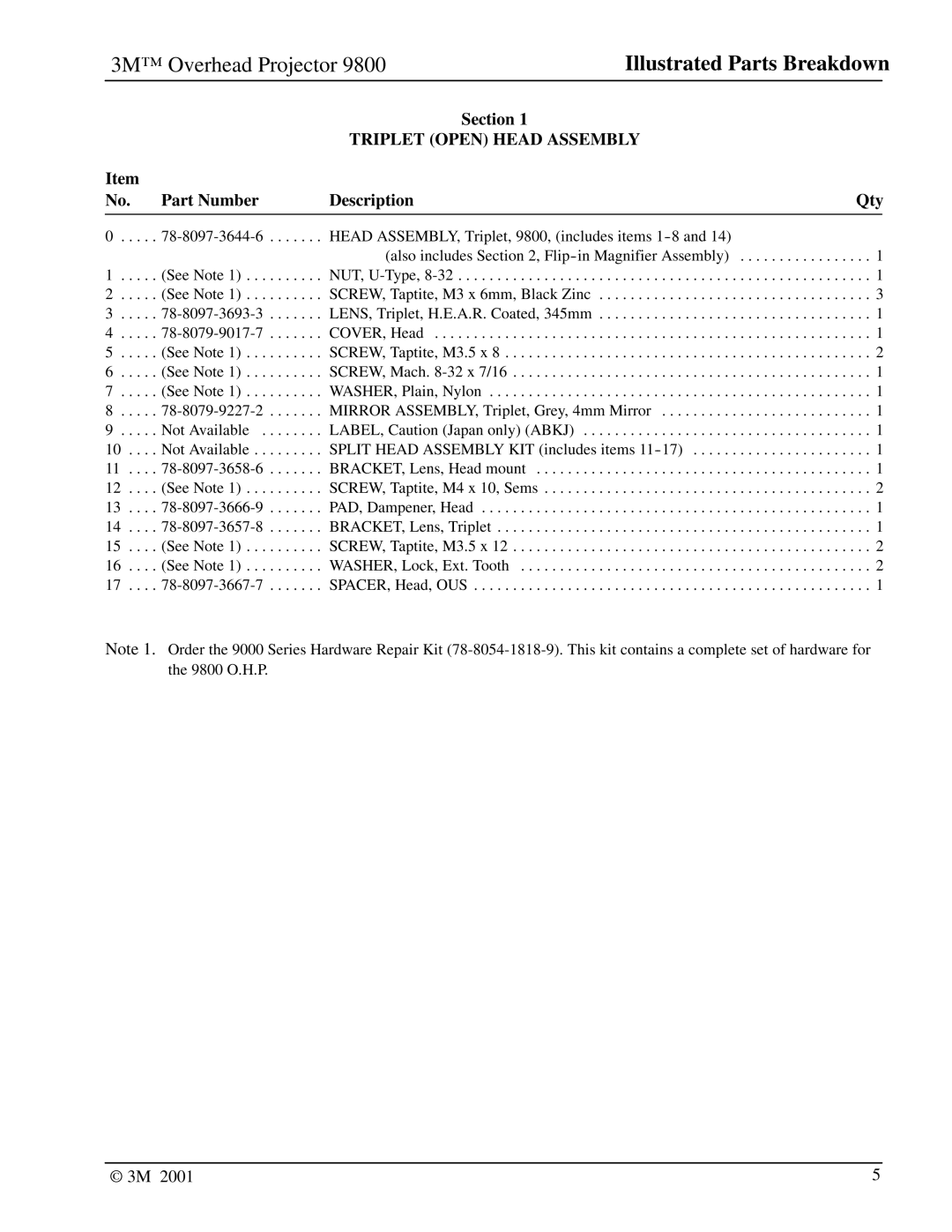 3M 9800 manual Part Number Description, Qty 