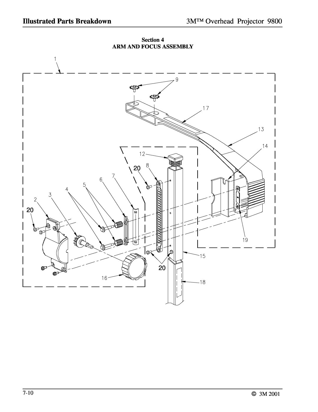 3M 9800 manual Section ARM AND FOCUS ASSEMBLY, Illustrated Parts Breakdown, 3M Overhead Projector 