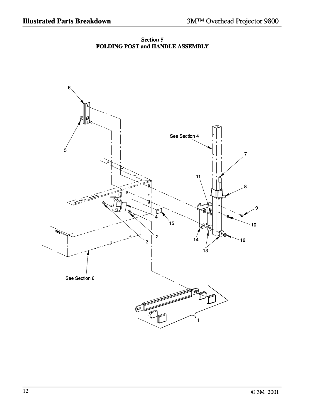 3M 9800 manual Section FOLDING POST and HANDLE ASSEMBLY, Illustrated Parts Breakdown, 3M Overhead Projector 