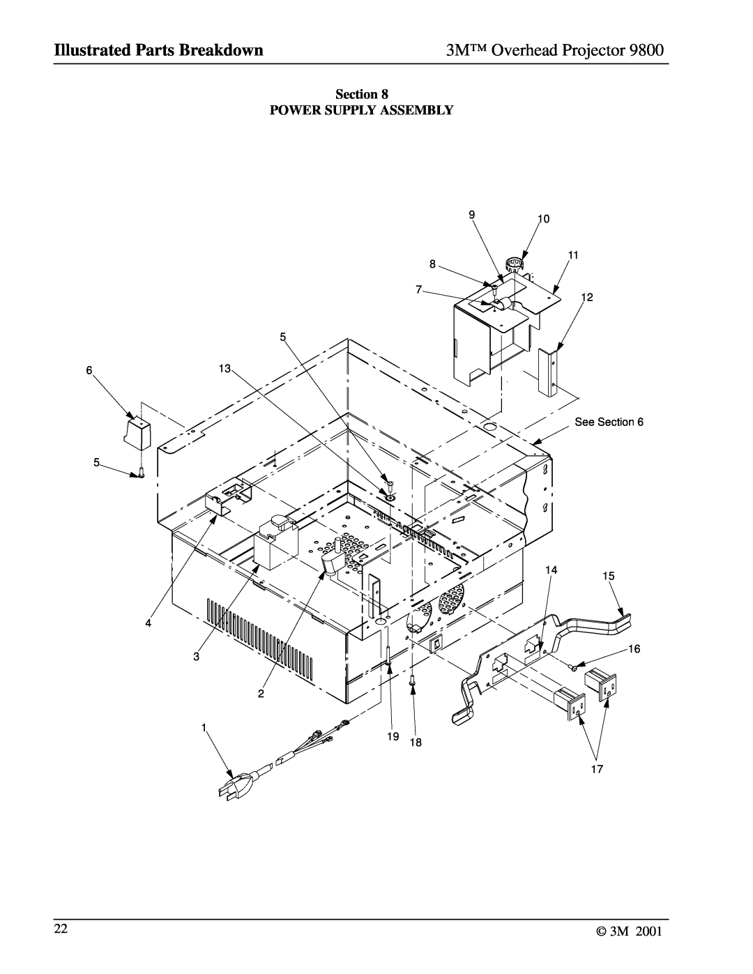 3M 9800 manual Section POWER SUPPLY ASSEMBLY, Illustrated Parts Breakdown, 3M Overhead Projector 