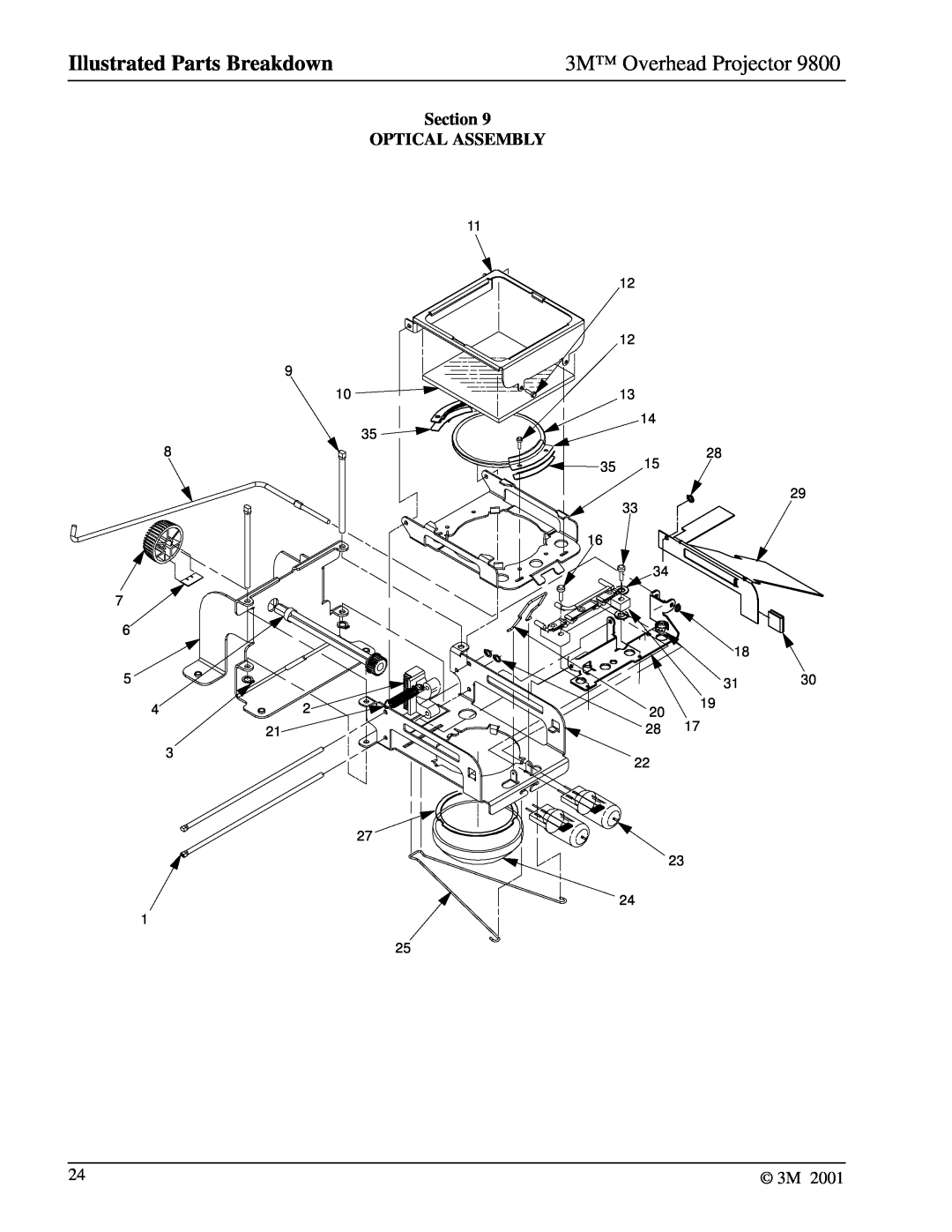 3M 9800 manual Section OPTICAL ASSEMBLY, Illustrated Parts Breakdown, 3M Overhead Projector 