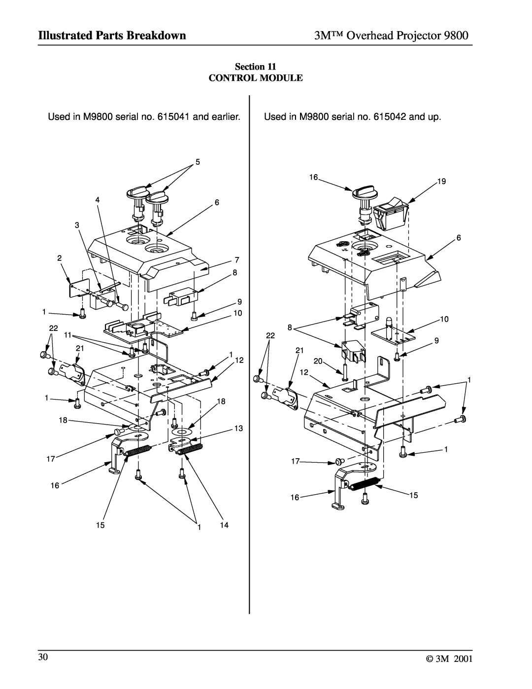 3M Section CONTROL MODULE, Illustrated Parts Breakdown, 3M Overhead Projector, Used in M9800 serial no. 615042 and up 