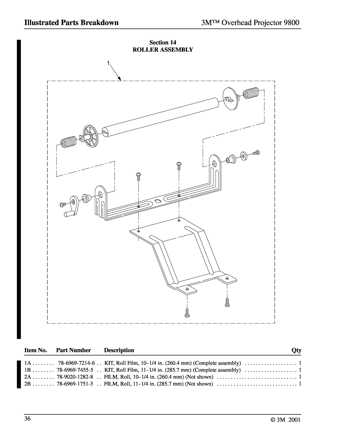 3M 9800 Section ROLLER ASSEMBLY, Item No. Part Number, Illustrated Parts Breakdown, 3M Overhead Projector, Description 