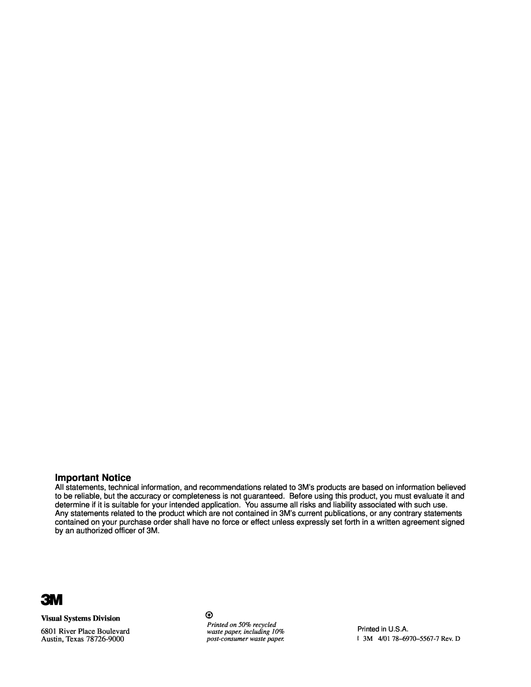 3M 9800 manual Important Notice, Visual Systems Division 