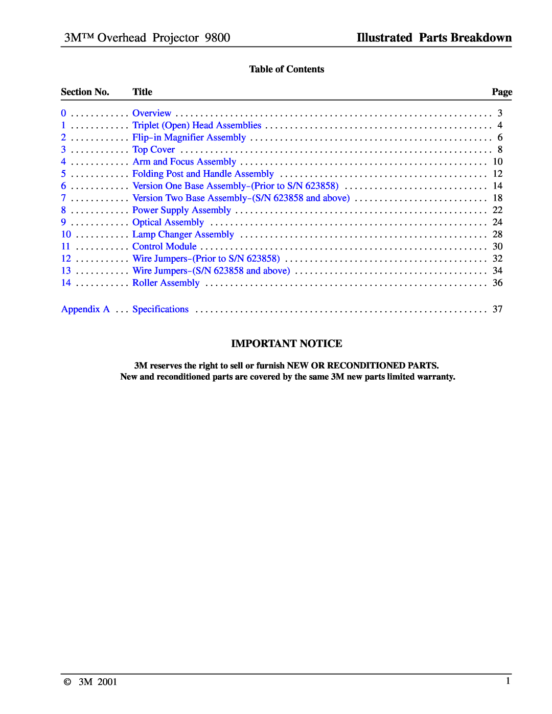 3M 9800 Important Notice, Table of Contents, Section No, Title, 3M Overhead Projector, Illustrated Parts Breakdown, Page 