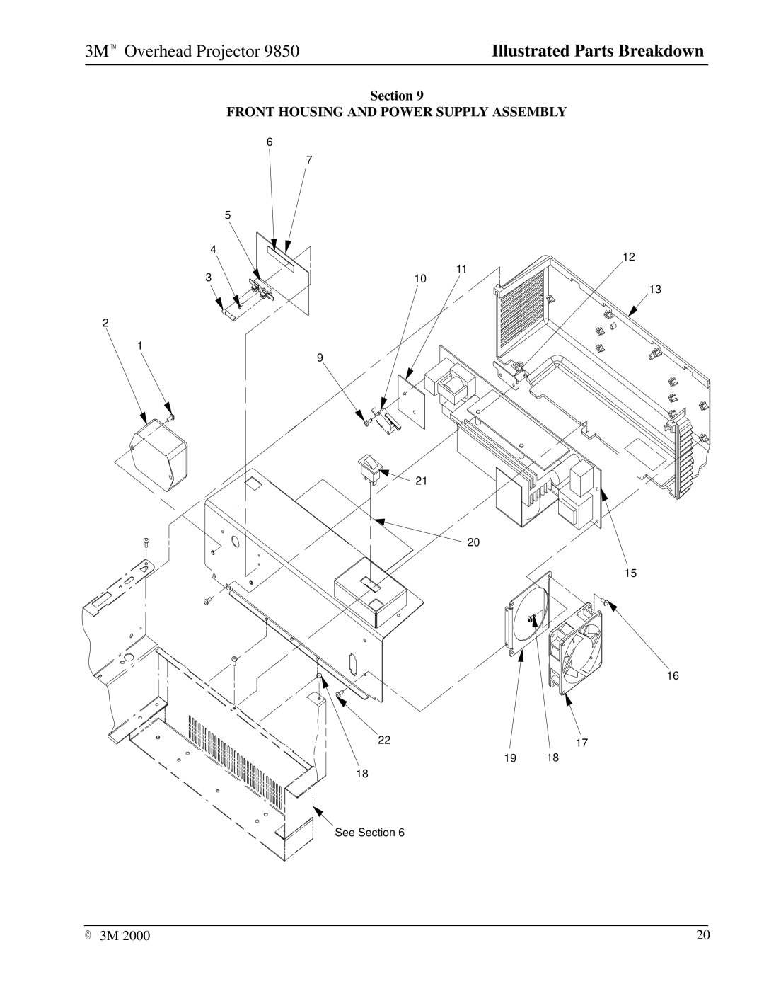 3M 9850 manual Front Housing and Power Supply Assembly 