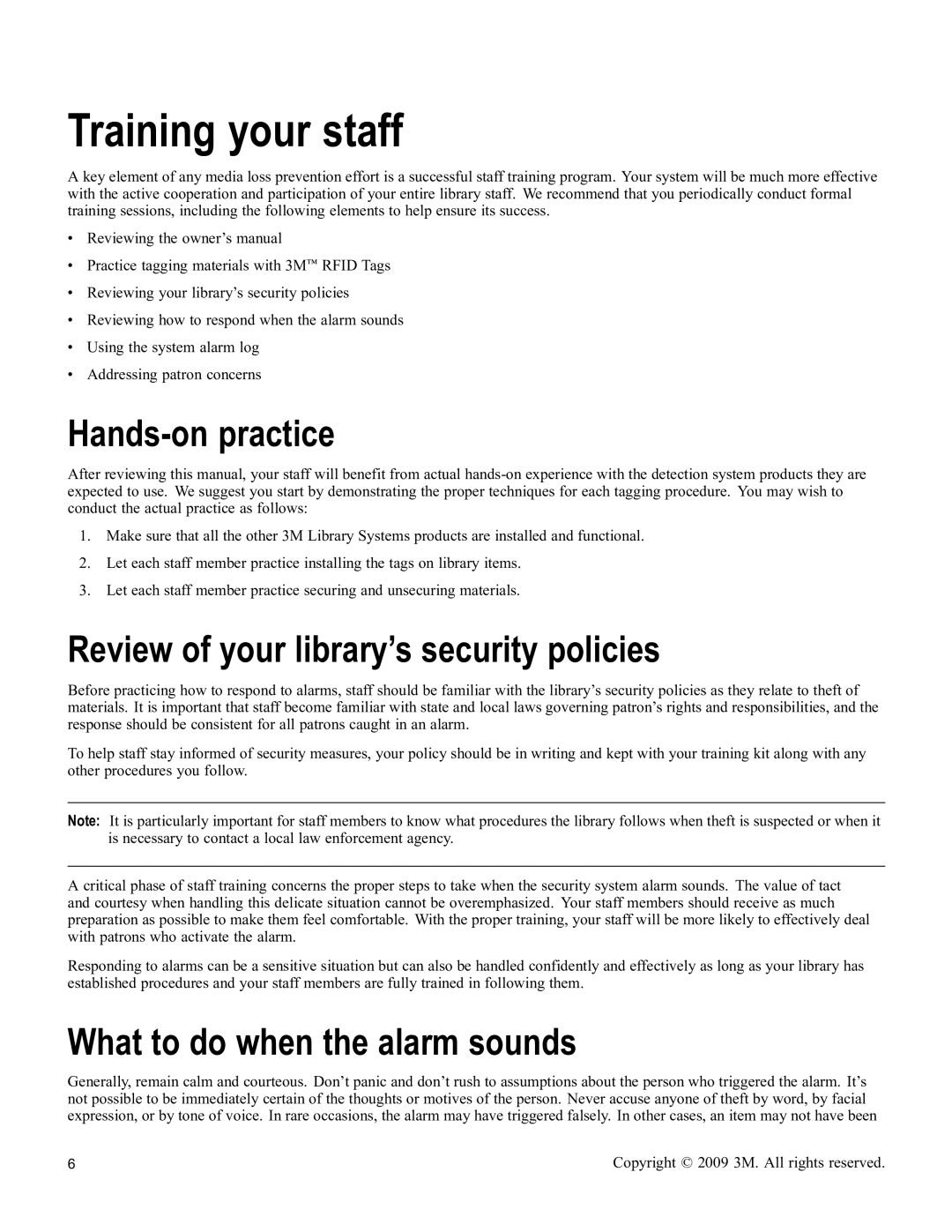 3M 9900 Series owner manual Training your staff, Hands-on practice, Review of your library’s security policies 