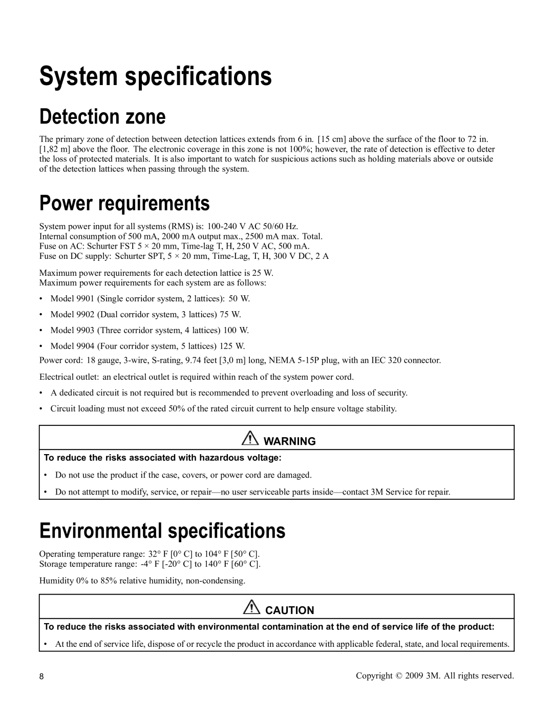 3M 9900 Series owner manual System specifications, Detection zone, Power requirements, Environmental specifications 