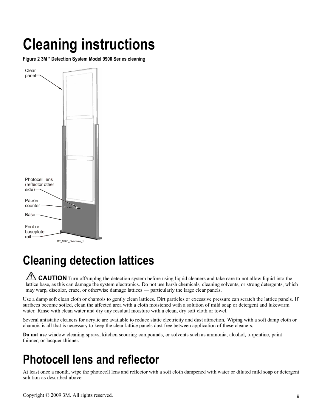 3M 9900 Series owner manual Cleaning instructions, Cleaning detection lattices, Photocell lens and reflector 