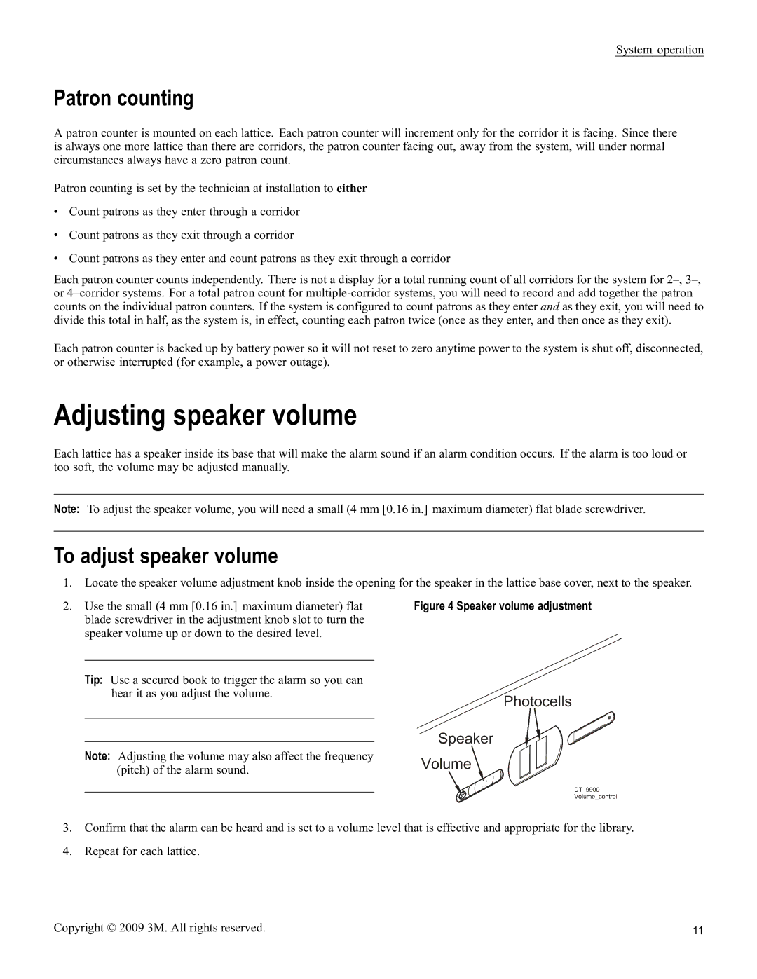 3M 9900 Series owner manual Adjusting speaker volume, Patron counting, To adjust speaker volume 