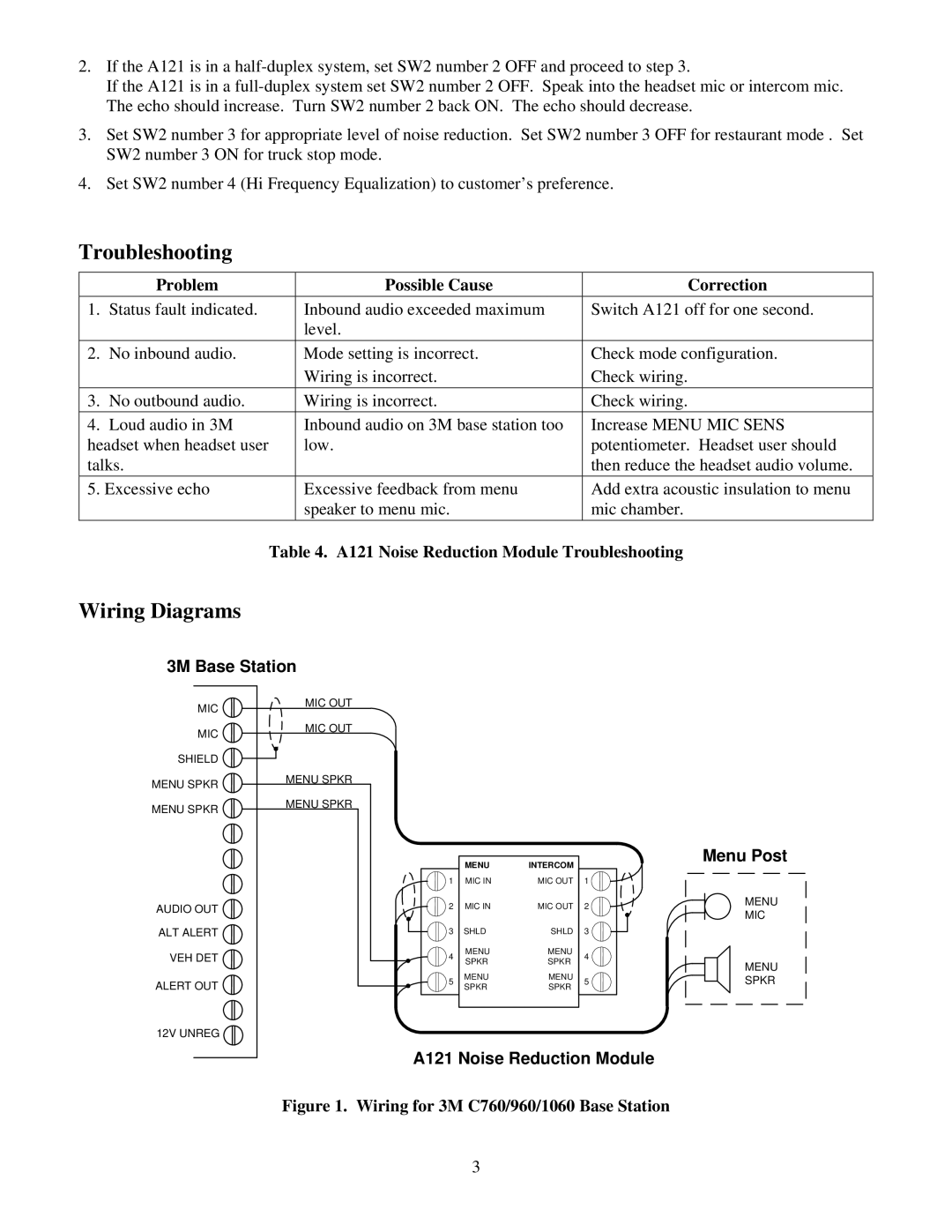 3M Wiring Diagrams, Problem Possible Cause, Correction, A121 Noise Reduction Module Troubleshooting 