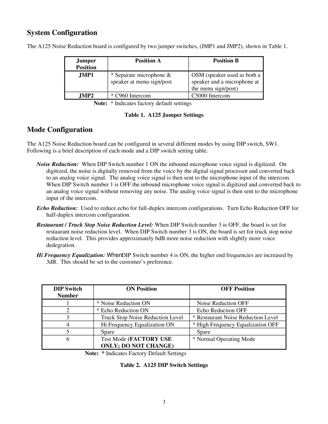 3M A125 installation instructions System Configuration, Mode Configuration 