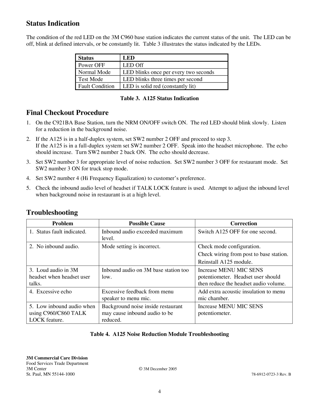 3M A125 installation instructions Status Indication, Final Checkout Procedure, Troubleshooting 