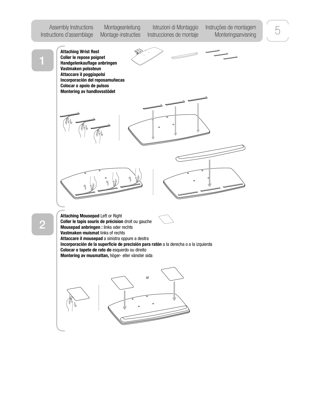 3M AKT65LE manual Monteringsanvisning, Attaching Wrist Rest, Attaching Mousepad Left or Right 