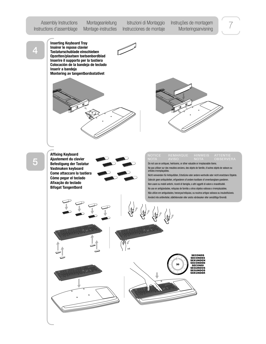 3M AKT65LE manual Montering av tangentbordsstativet Afﬁxing Keyboard, Remarque Hinweis Attentie Nota Aviso Observera 