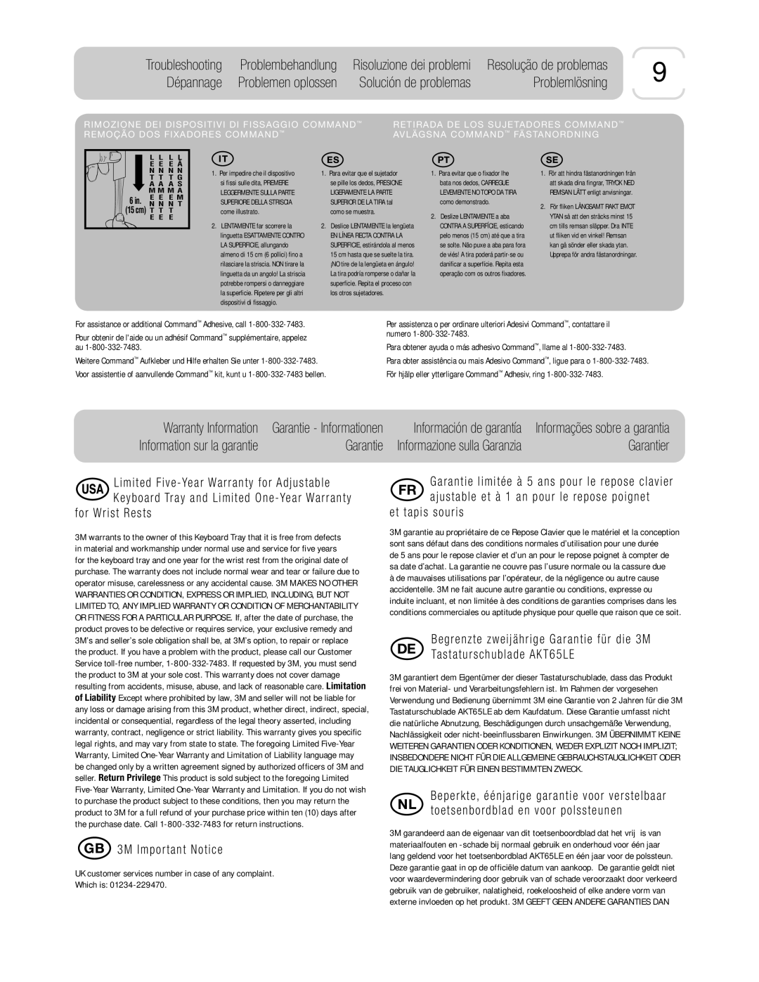 3M AKT65LE manual Dépannage, Problemlösning, Garantier 