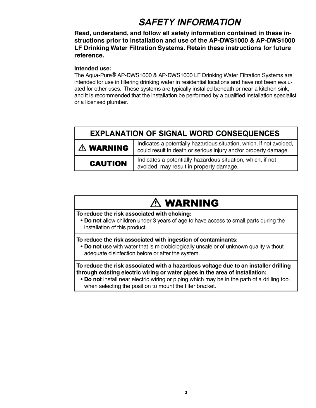 3M AP-DWS1000 LF operating instructions Intended use, To reduce the risk associated with choking 