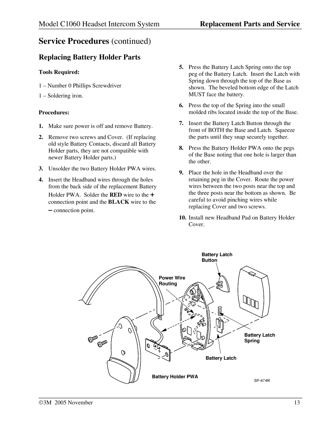 3M C1060 manual Replacing Battery Holder Parts, Procedures 