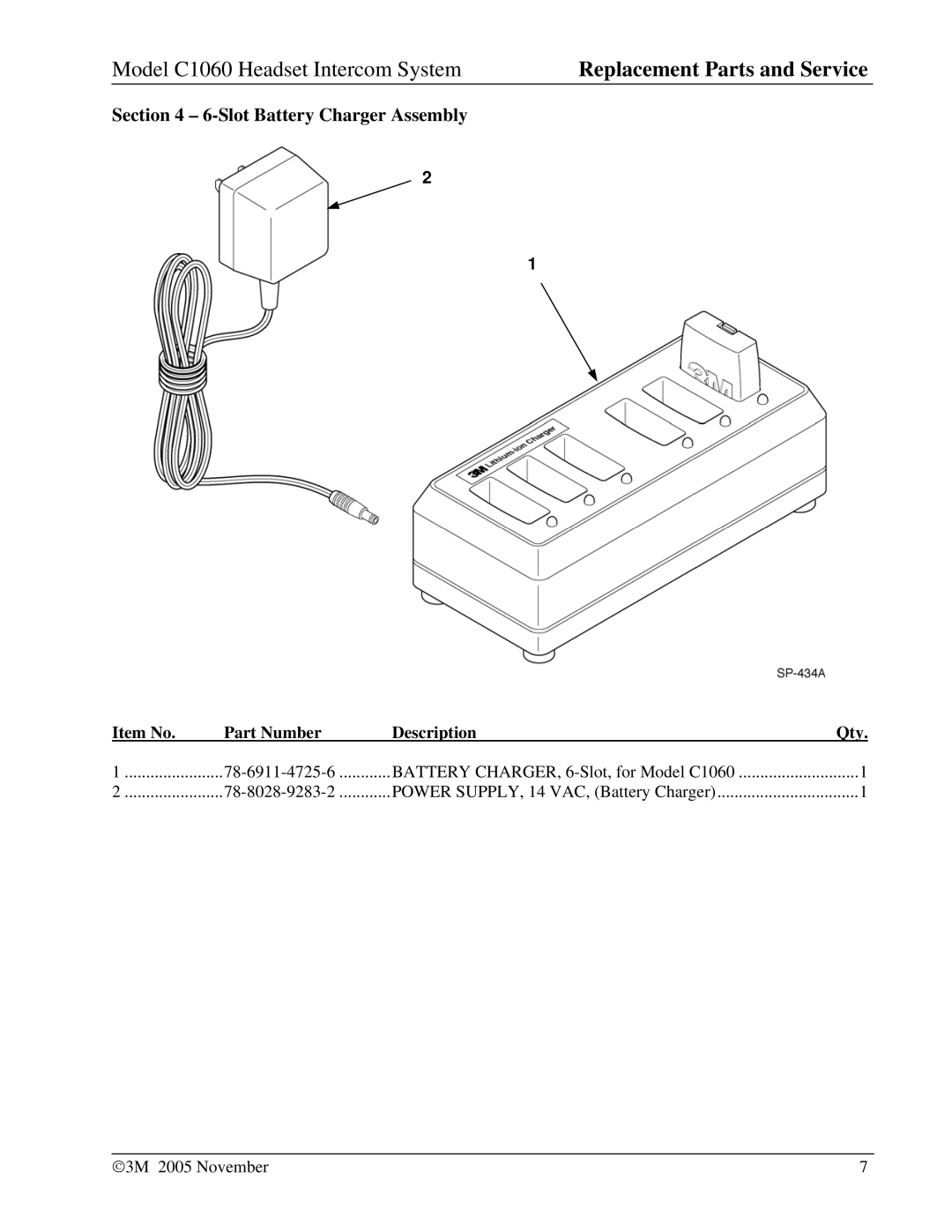 3M C1060 manual Power SUPPLY, 14 VAC, Battery Charger 