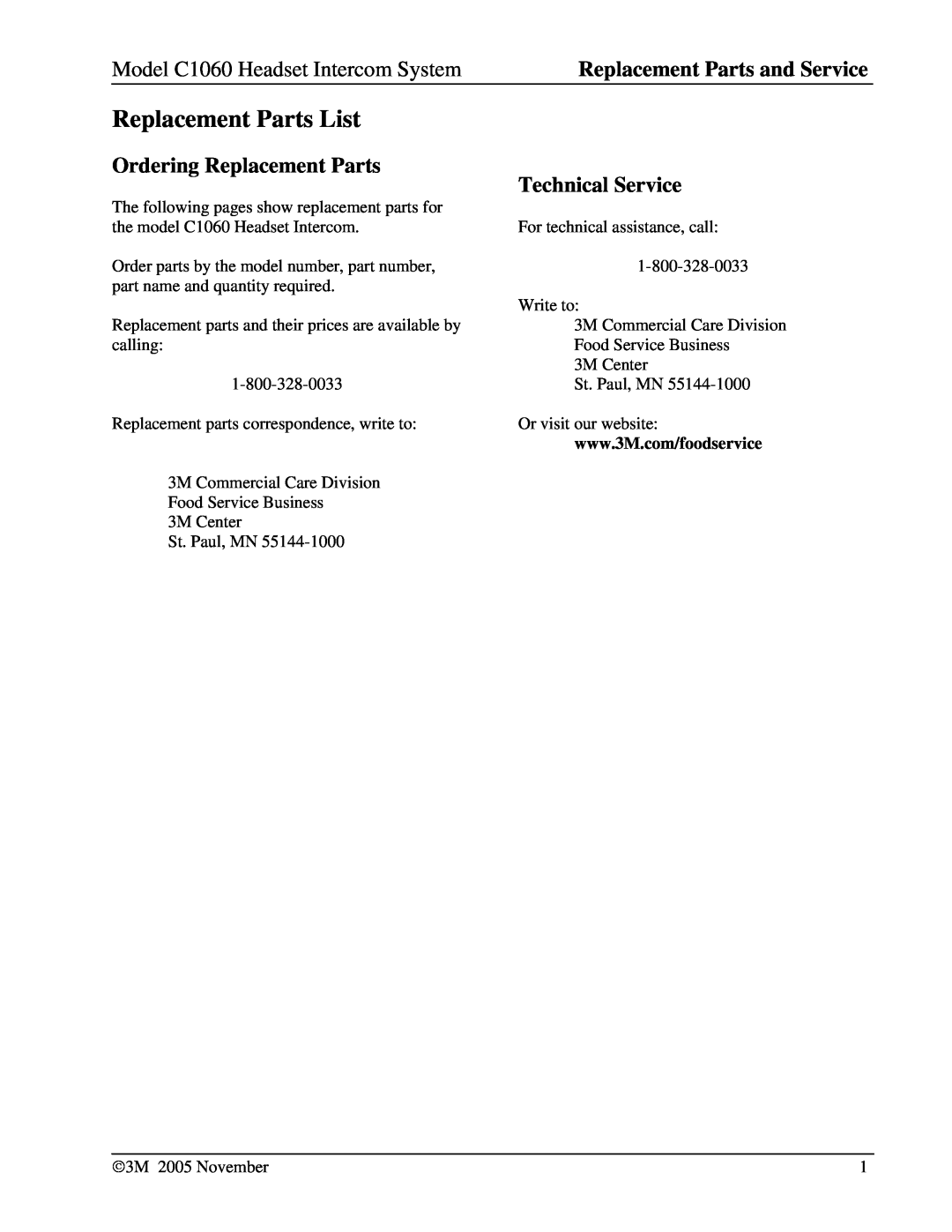 3M C1060 manual Replacement Parts List, Ordering Replacement Parts, Technical Service 