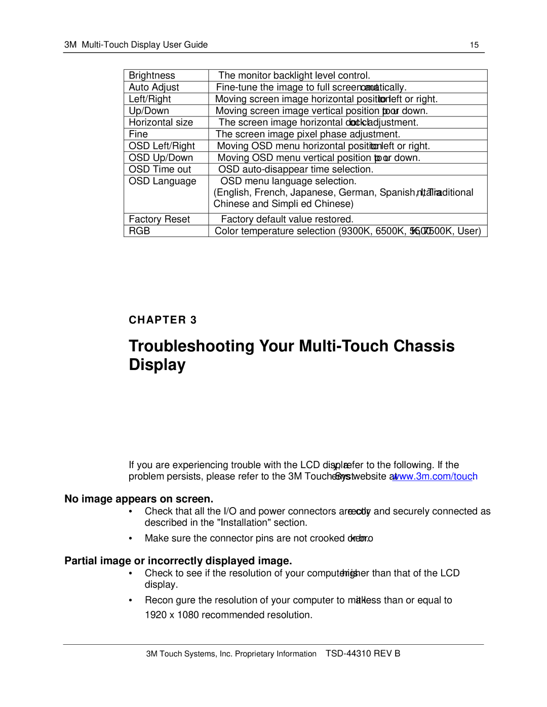 3M C2167PW manual Troubleshooting Your Multi-Touch Chassis Display, No image appears on screen 