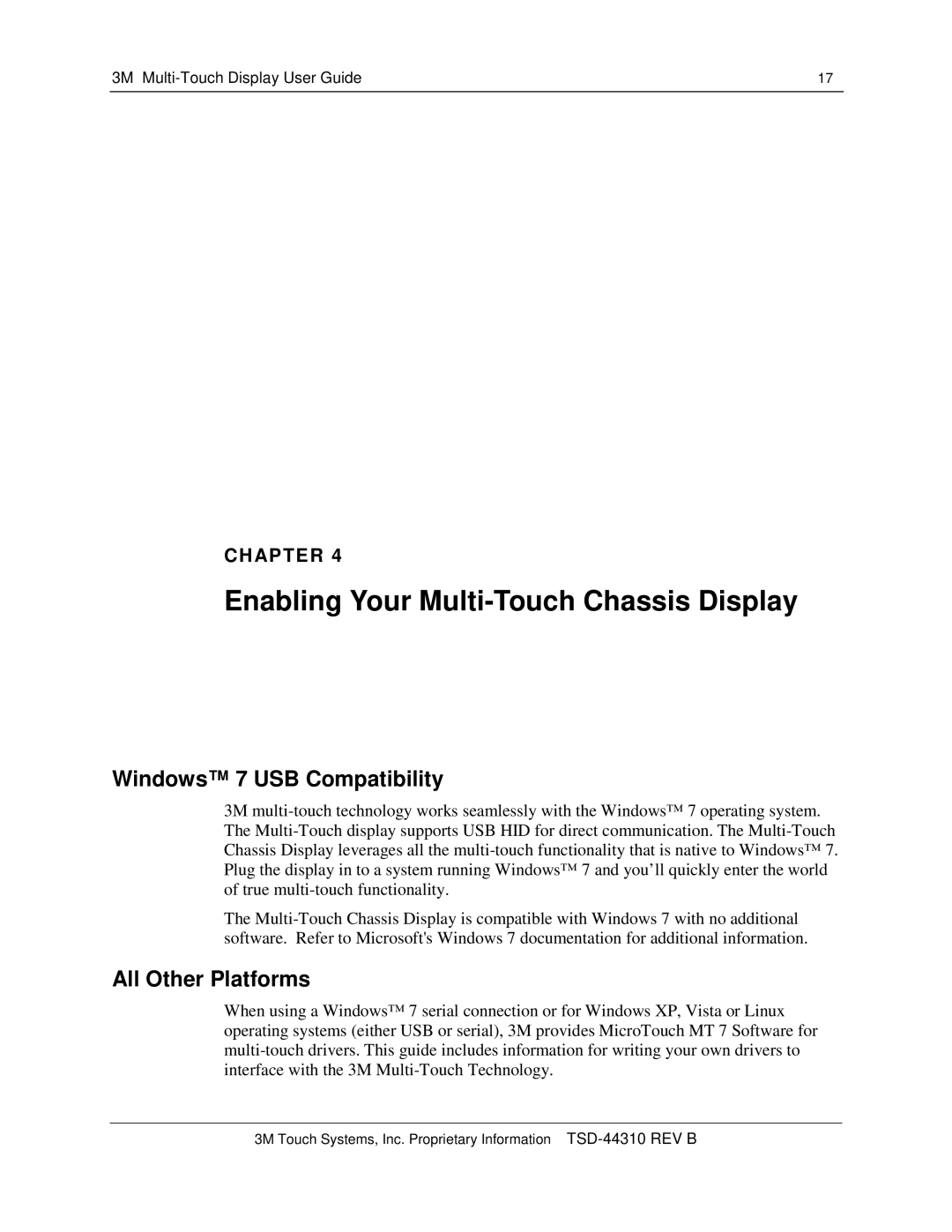 3M C2167PW manual Enabling Your Multi-Touch Chassis Display, Windows 7 USB Compatibility, All Other Platforms 