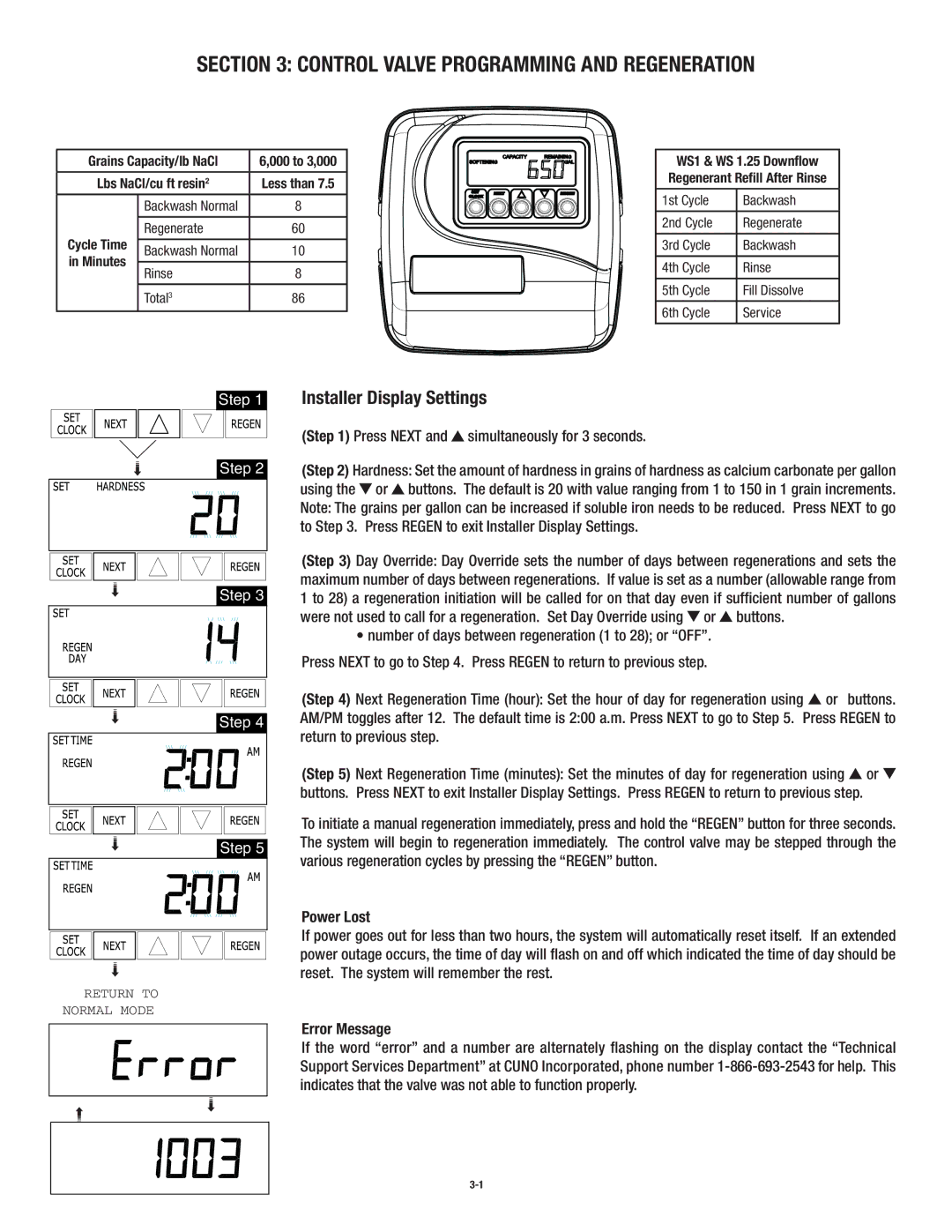 3M CSFM1254 operating instructions Control Valve Programming and Regeneration, Installer Display Settings 