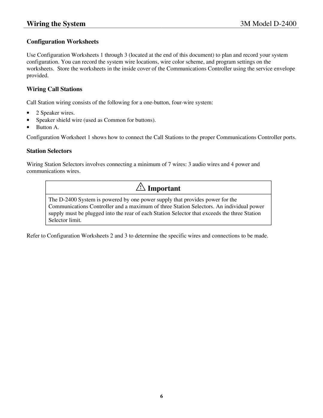 3M D-2400 installation instructions Configuration Worksheets, Wiring Call Stations 